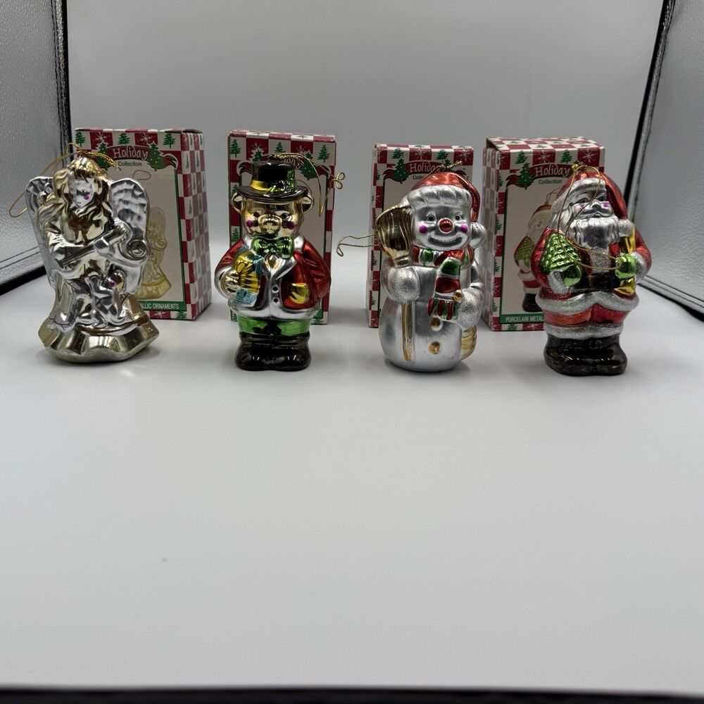 Lot Of 4 Vintage Holiday Collection Metallic Ornaments: Angel Tree Santa Snowman
